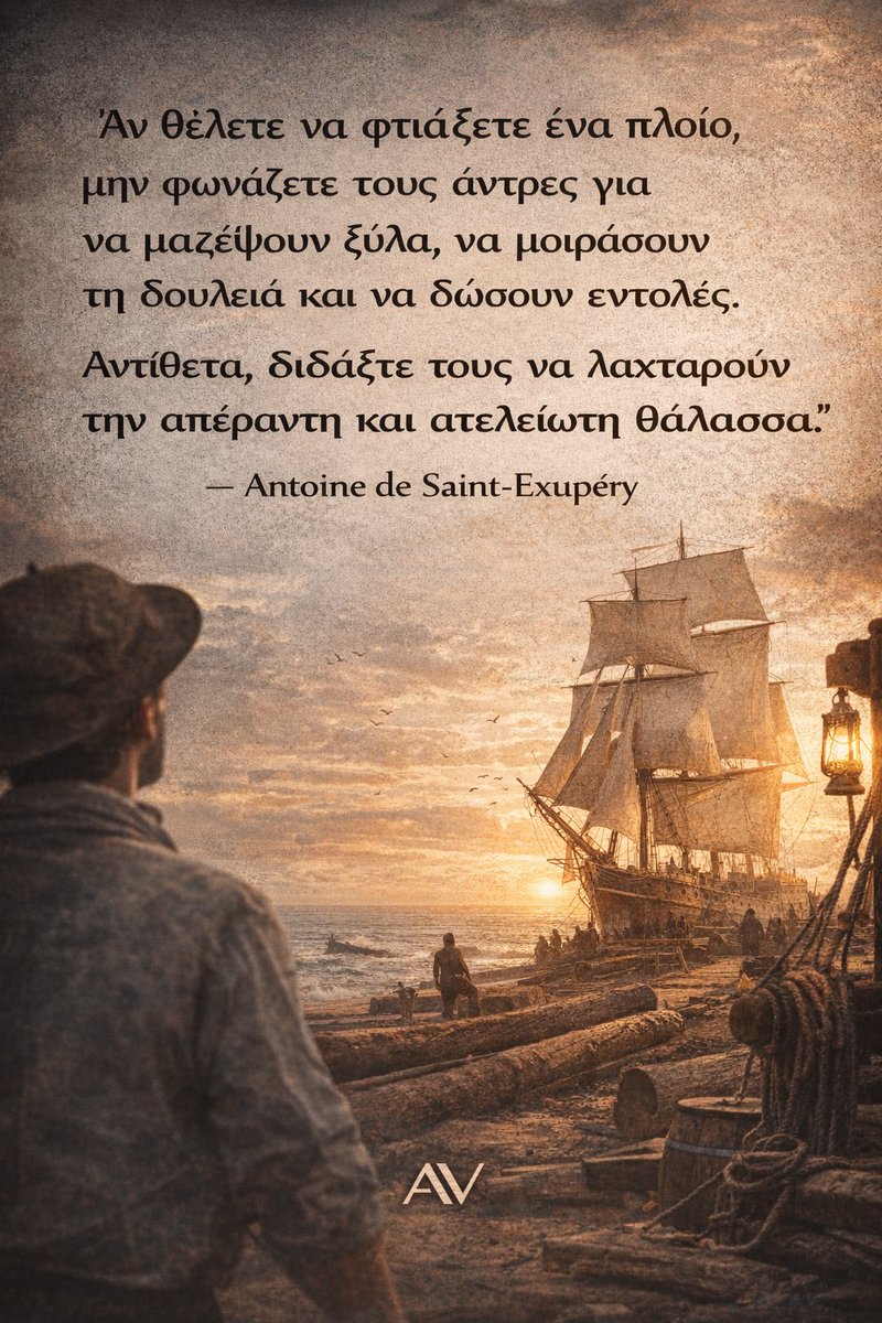 ALEXVANDOROS's tweet photo. «Αν θέλετε να φτιάξετε ένα πλοίο, μην φωνάζετε τους άντρες για να μαζέψουν ξύλα, να μοιράσουν τη δουλειά και να δώσουν εντολές. 

Αντίθετα, διδάξτε τους να λαχταρούν την απέραντη και ατελείωτη θάλασσα». 

- Antoine de Saint-Exupéry https://t.co/L8pCJSLIhd