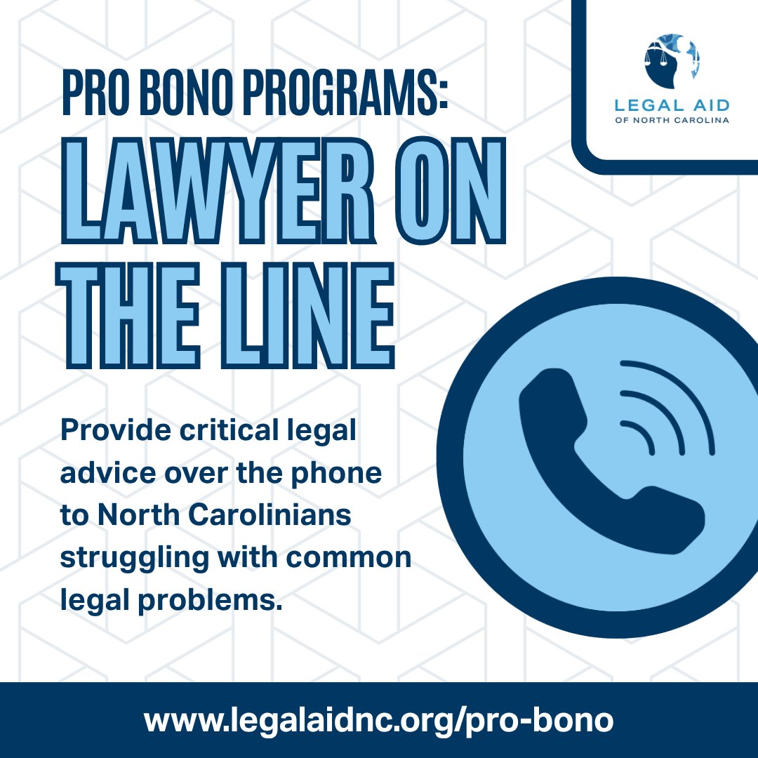 LegalAidNC's tweet image. ⚖️ #Attorneys, #Paralegals, and #LawStudents: Looking for a quick and impactful way to get involved with pro bono at Legal Aid NC? Sign up for Lawyer on the Line or learn about other programs at legalaidnc.org/pro-bono
#legalaid #northcarolina #probono #LANCprobono