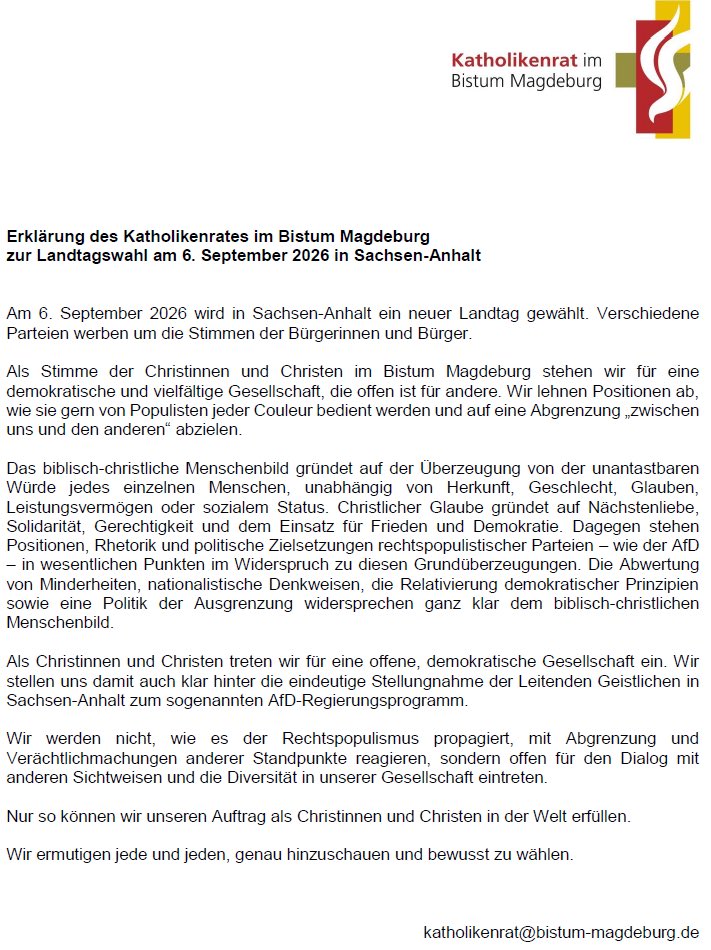MathiasBethke's tweet photo. Erklärung des Katholikenrates im @BistumMagdeburg zur Landtagswahl am 6. September 2026 in #SachsenAnhalt https://t.co/PrqJ3Zzf4H