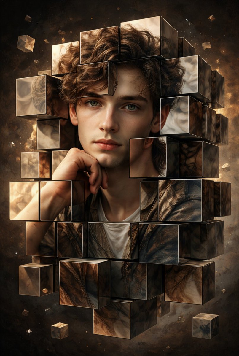 GPT image 

Prompt:
{
  "subject": "A handsome young man with curly brown hair and green eyes, resting his chin on his hand with a thoughtful expression.",
  "concept": "Surreal deconstruction. The subject's face and upper body are being fragmented into a series of floating, 3D
