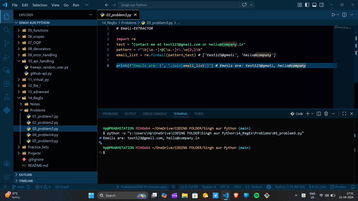 prabhjotsi2008's tweet photo. 🔥 Day 46 of #NothingJustCoding

🚀 Started RegEx in #Python
✅ Learnt basics of RegEx
✅ Covered search, match, findall, finditer
✅ Solved 5 practice problems as well

✨ Used @ChatGPTapp Projects for RegEx Learning. A bit unorthodox way yet interesting
#Coding #BuildInPublic https://t.co/xyo4iTU9pL