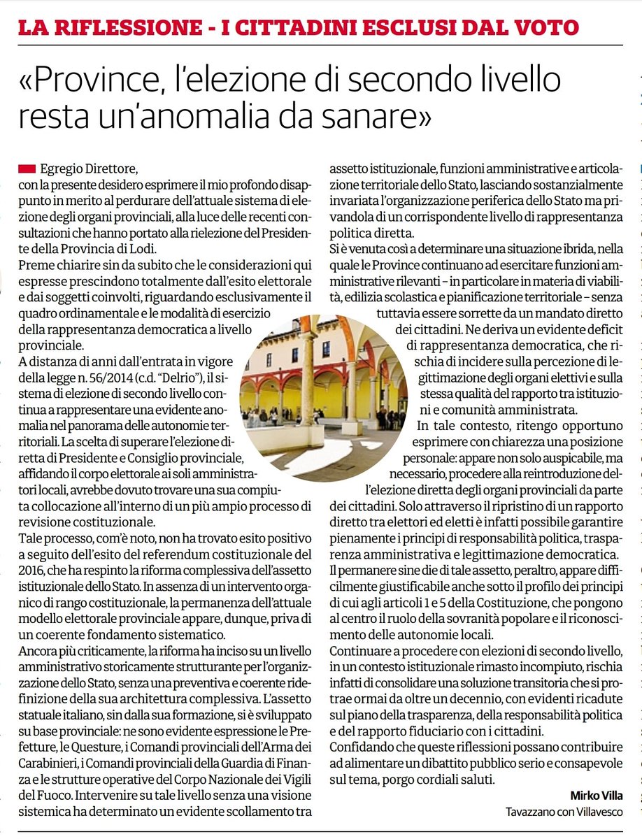 MirkoVilla's tweet photo. Ho scritto al @ilCittadinoLodi una Lettera al Direttore @RinaldiLorenzo per esprimere una riflessione su un tema che riguarda tutti noi: il diritto di voto e il ruolo delle Province.
Ringrazio per lo spazio concesso https://t.co/rEgJuBPAjO