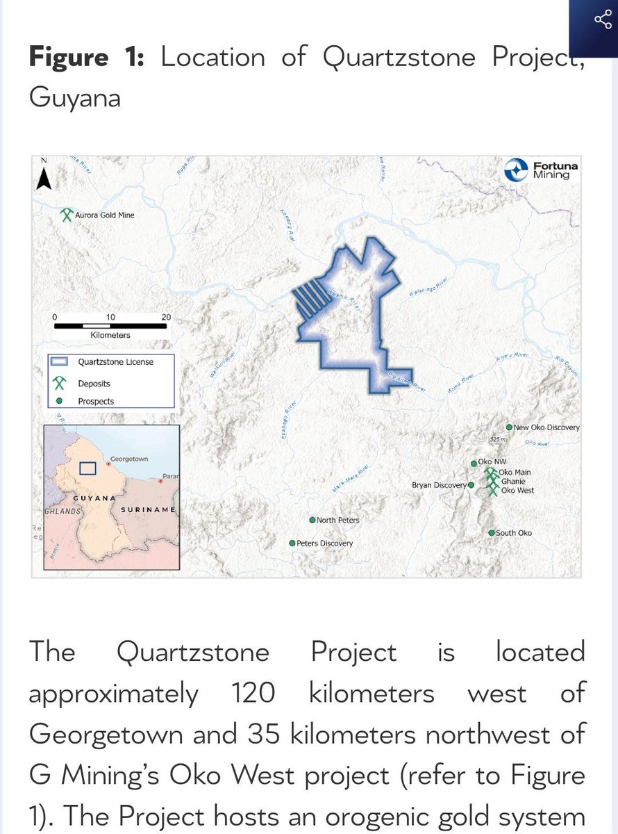RawMinerals's tweet image. OMG, South America’s Guyana gold corridor is getting snapped up.
Just 11 days after the #GMining Ventures / #G2Goldfields merger valued at USD $2.2B, Canadian-listed gold producer Fortuna Mining Corp $FVI.Tse (USD $3.25B market cap) has signed an earn-in agreement with Qstone