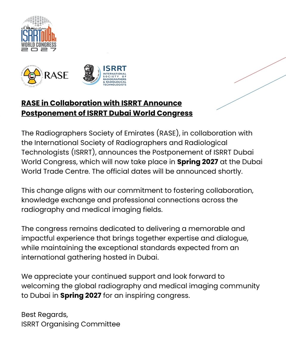 Radiology_UAE's tweet image. ISRRT Dubai World Congress will now take place in Spring 2027 at the Dubai World Trade Centre. New official dates will be announced soon.

We look forward to welcoming the global radiography and medical imaging community to Dubai!
#ISRRTDubai #Radiography #MedicalImaging