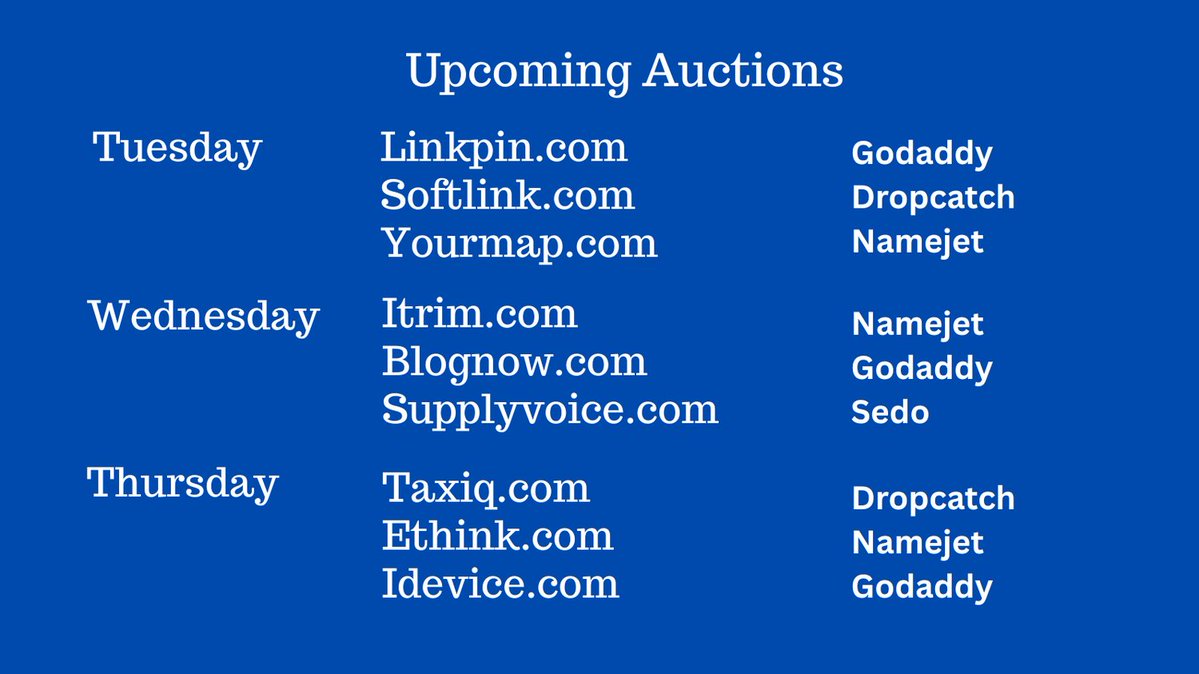 CrosshairDan's tweet image. Domain Name Expired Auctions at DropCatch, GoDaddy, Namejet and Sedo, Tuesday - Thursday!  Check for Trademarks. #Startups #Domains #Marketing #CMO #CEO #VC #TuesdayVibes