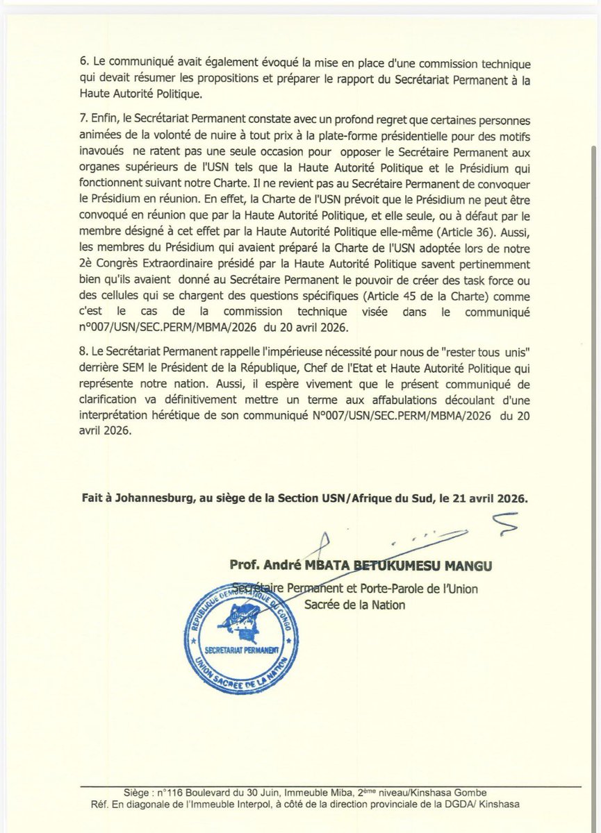 StanysBujakera's tweet image. #RDC: André Mbata, secrétaire permanent USN, a publié mardi un communiqué de clarification pour démentir toute interprétation selon laquelle la coalition présidentielle aurait officiellement appelé à une réforme constitutionnelle. Son Secrétaire Permanent, le Prof. André Mbata,