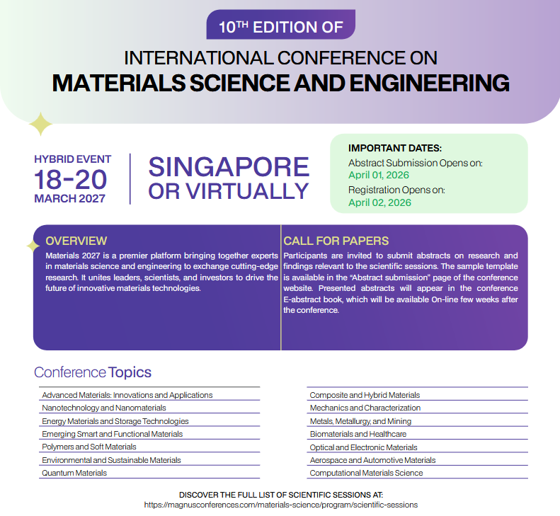 MatScienceEvent's tweet photo. 🔬Join global experts at 10th Edition of @MatScienceEvent by @magnus_group !
📅March 18–20, 2027
📍Singapore &amp; Virtually | Hybrid Format
📞+1 (702) 988-2320
💬+1 (640) 666-9566
🌐Website: https://t.co/0GlsksAkop

#Materials2027 #MaterialsScience #Nanomaterials #Biomaterials https://t.co/vQfEjNkf0T