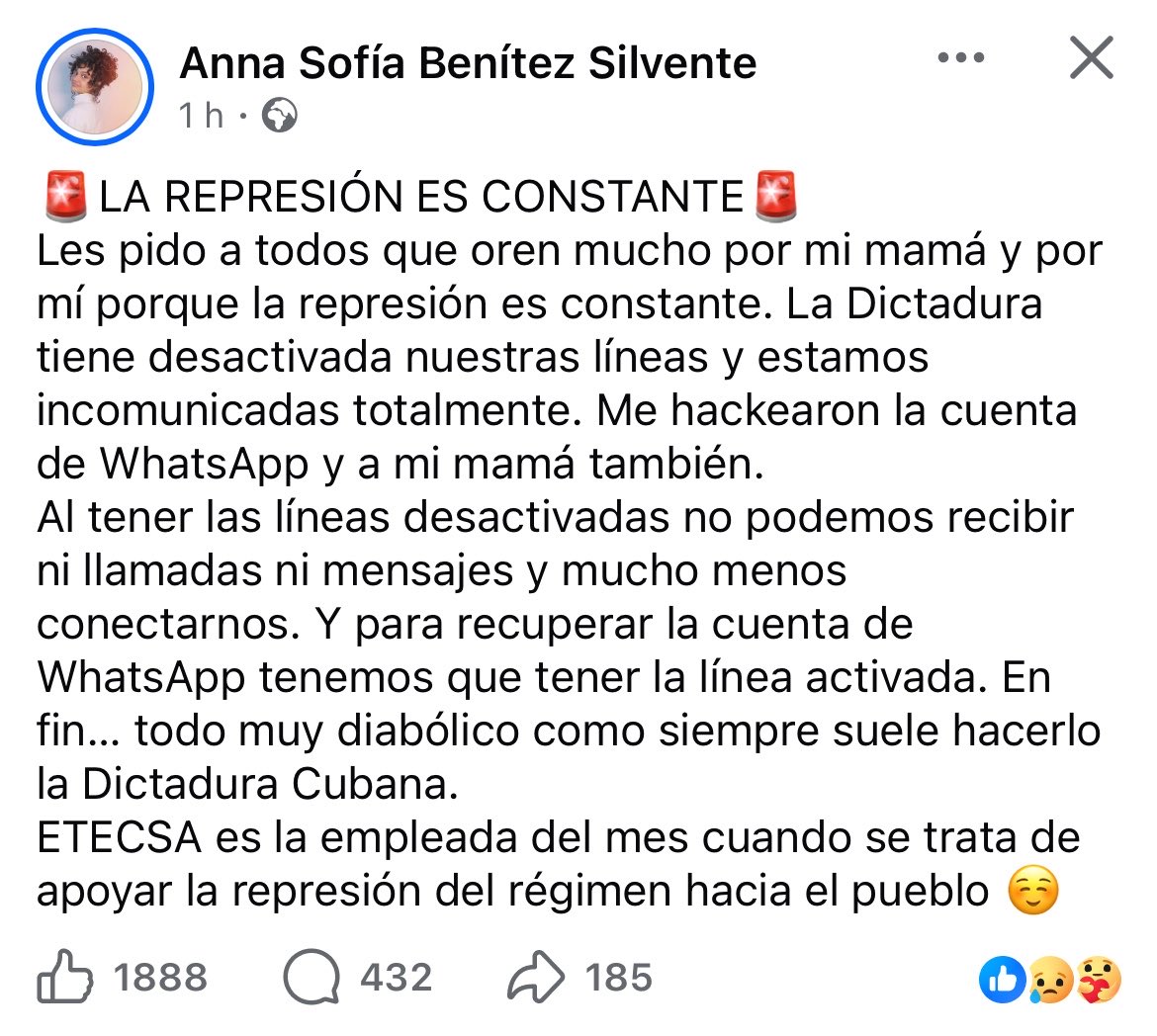 MarioJPenton's tweet photo. El régimen desactiva las líneas telefónicas de Anna Sofía y su madre… las tienen incomunicadas totalmente. https://t.co/10pKOlgiqP