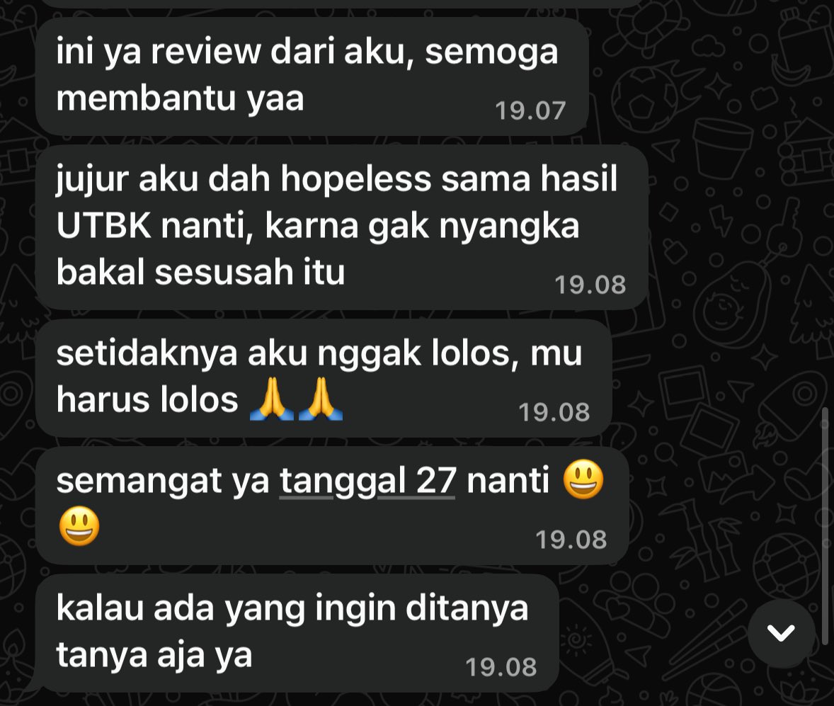 guys liet deh.. ini temen aku eli 1, dia tiba2 ngirim review utbk hari ini lengkaappp banget sekaligus materi yang keluar dan saran dari diaa.. padahal aku sama dia jarang komunikasi dan aku sendiri juga gaada minta revieww.. orang2 kaya gini semoga lolos pil 1 yaallahhh 😭😭🥺🫶🏻