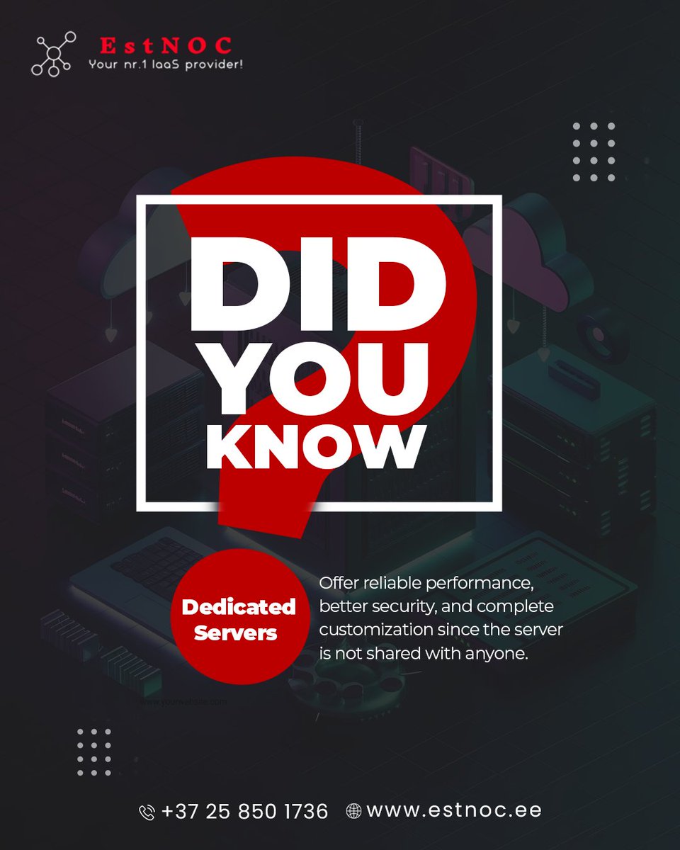 estnoc1's tweet image. DID YOU KNOW?

Dedicated servers from ESTNOC deliver unmatched speed, enhanced security, and full control ⚡🔐No sharing, just pure performance tailored to your needs.

Visit now :- estnoc.ee
.
.
#estnoc #DedicatedServer #webhosting #SecureHosting #serversolutions