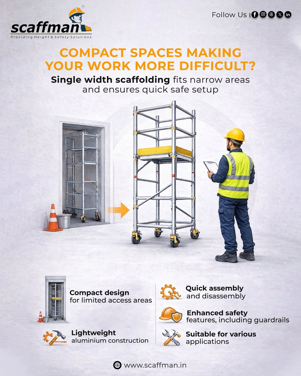 Scaffmanindia's tweet image. Single-width scaffolding is ideal for tight spaces, featuring a lightweight aluminium build, quick setup, and strong safety features for efficient, secure work across applications.

Call: +91 733 773 3335
Visit: scaffman.in

#construction #builders #engineering