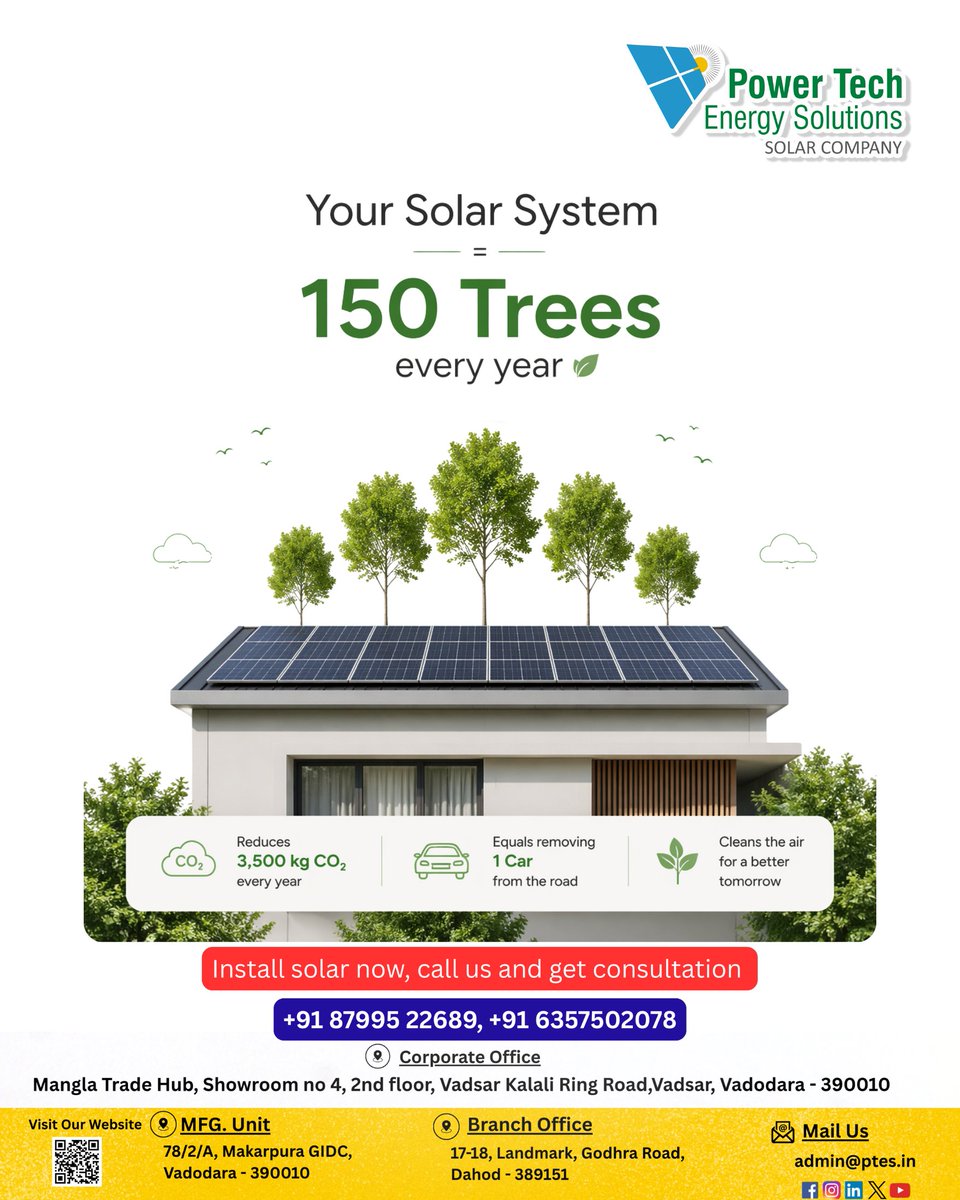PTESSolar's tweet photo. Power your home, protect the planet ☀️🌱
Save energy, cut CO₂, and make an impact equal to planting 150 trees every year 🌳💚
Ready to switch to solar? Call now for your free consultation 📞⚡
📲 +91 87995 22689 | +91 63575 02078
#SolarEnergy #GoGreen #CleanEnergy #Sustainable https://t.co/Hx47Z1LYx4