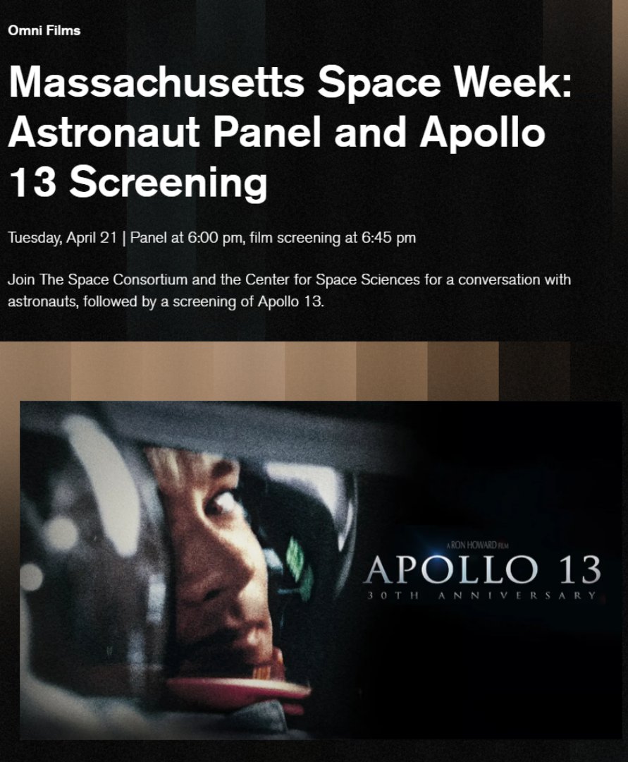 Astro_Cady's tweet image. #TODAY for #SpaceWeek! My #STS73 crewmate Al Sacco and I will be at @museumofscience for an Astronaut Panel and #Apollo13 IMAX Screening
FREE with pre-reg: mos.org/visit/omni/apo…
#MASpaceWeek #SpaceConsortium
