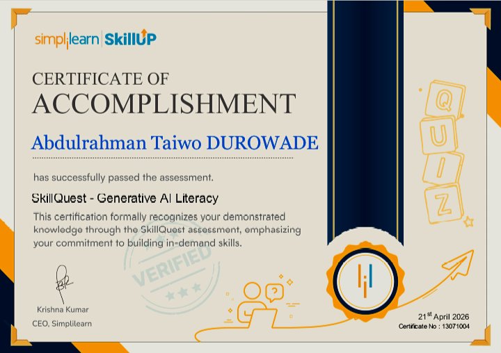 AbdulBuilder9's tweet image. I’m excited to share that I’ve earned my SkillQuest  Generative AI Literacy certificate from SkillUP by Simplilearn! Ready to take my AI skills to the next level! 
#introductiontoAI #GenerativeAI #SkillQuest #SkillUP