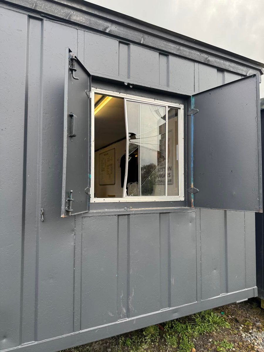 ArnistonRangers's tweet photo. MORE VANDALISM!!!!!!!!

Our Pie Hut is the latest victim of vandalism.
The culprits forced open the shutters smashed the window and climbed in.
They stole money, equipment,  our tub with coffee and bovril in it, and sweets and juice from the fridge.
Absolutely gutted https://t.co/PH1bNVPRcH