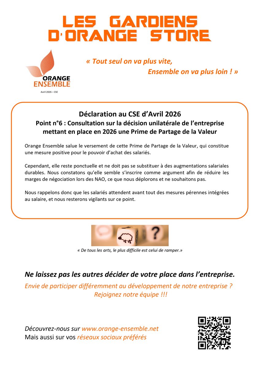 orangeensemble's tweet image. La PPV (Prime de Partage de Valeur) est une bonne chose pour les salariés ! 
Cependant, elle ne doit pas réduire les négociations salariales (NAO) en cours.
Nous avons décidé de préciser cela lors du CSE d'avril 2026 @OrangeStoreOff :

#PPV #LeadTheFutur #Declaration #OrangeStore