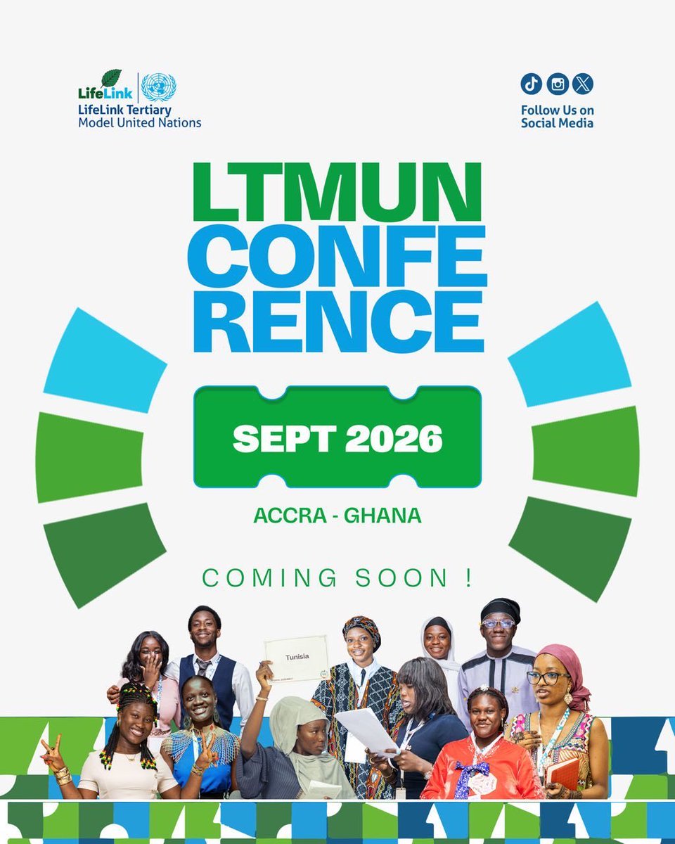 LifeLinkGhana's tweet photo. LTMUN CONFERENCE 2026 🇺🇳
We are thrilled to officially announce that the LTMUN 2026 Conference is officially on the horizon! Get ready for a period of high level debate, strategic networking, and the chance to shape global solutions. Stay tuned for further details.🚀 https://t.co/EKvOOGDNhx