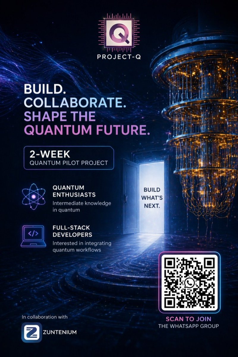 project_q_2024's tweet image. Want to build in quantum, not just learn it?

We’re running a 2-week pilot with Zuntenium.

Looking for:
→ Quantum enthusiasts
→ Full-stack devs
Scan QR. Join us.
#QuantumComputing #Builders #DeepTech #ProjectQ #BigTech #Technology #QuantumBuilders #India #QuantumWorld #Quantum