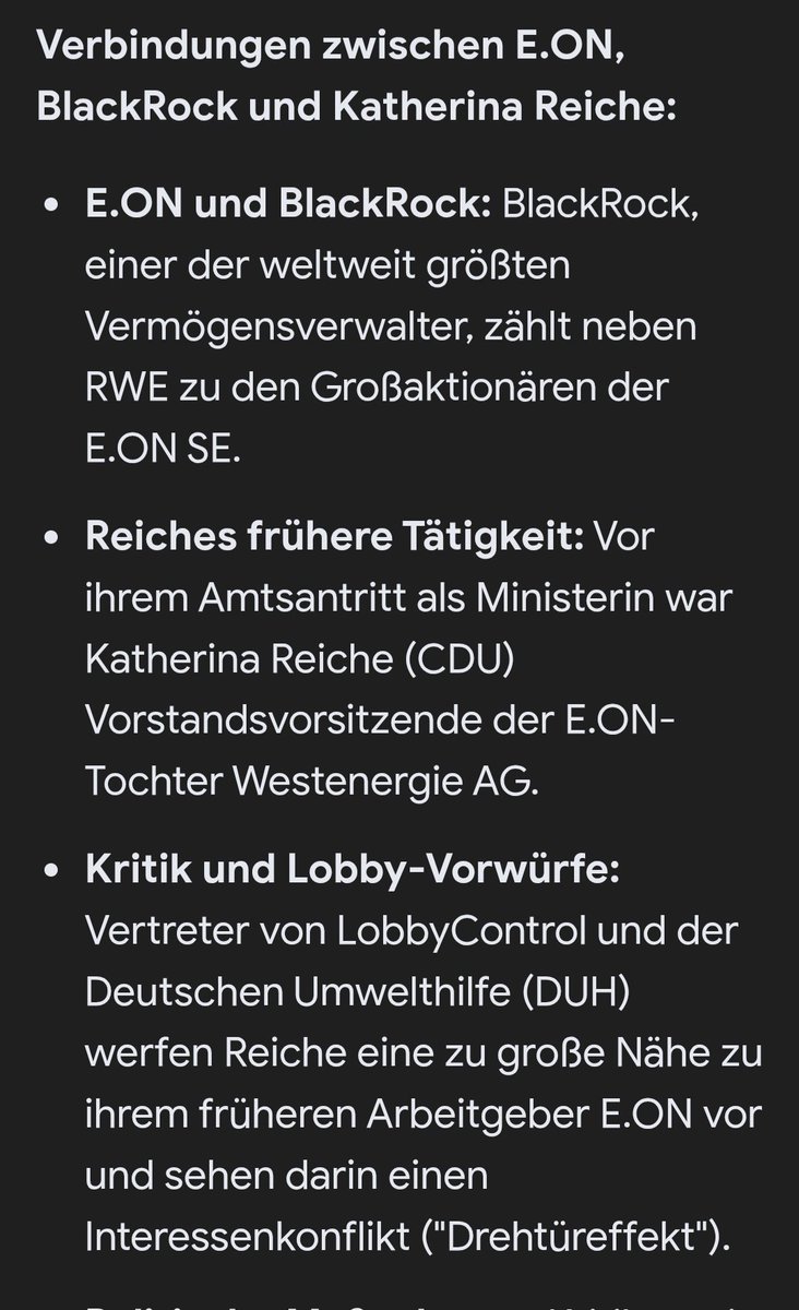 Dani_li_ma10_1's tweet image. Zusammenfassend lässt sich sagen, dass #Reiche als ehemalige Chefin einer E.ON-Tochter nun als Wirtschaftsministerin die Rahmenbedingungen für genau diese Branche gestaltet, in der #blackrock als einer der Hauptinvestoren maßgeblich beteiligt ist.