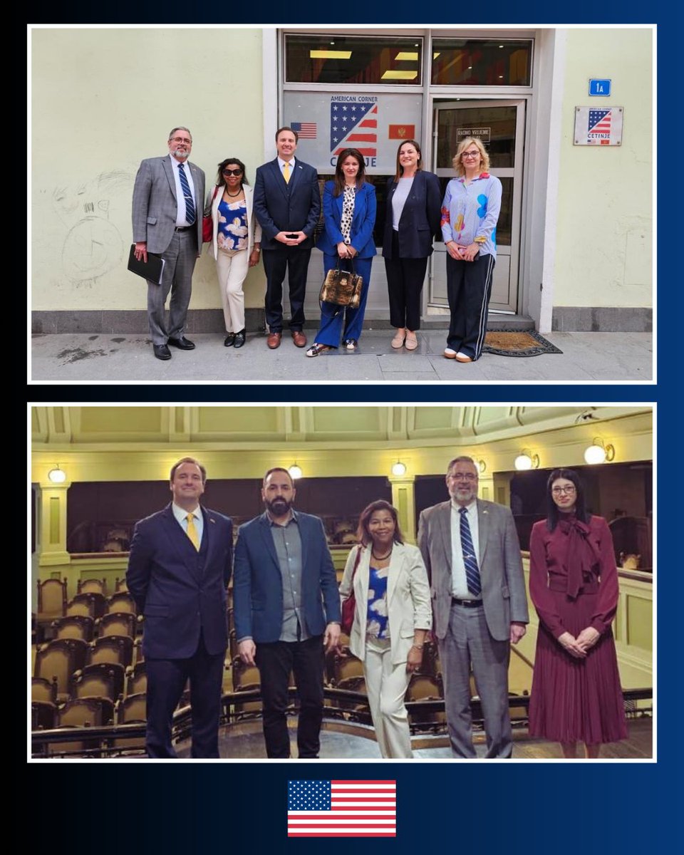 USEmbassyMNE's tweet photo. Last week, our Chargé Keays traveled to #Cetinje to strengthen U.S.-Montenegro cultural ties. The Chargé met with Minister of Culture and Media Tamara Vujović to reaffirm U.S. support for media freedom and cultural heritage protection. The visit included stops at the historic Royal Theatre #ZetskiDom to explore cultural exchange opportunities, American Corner Cetinje, and the Faculty of Montenegrin Language and Literature. #USPartnerMNE