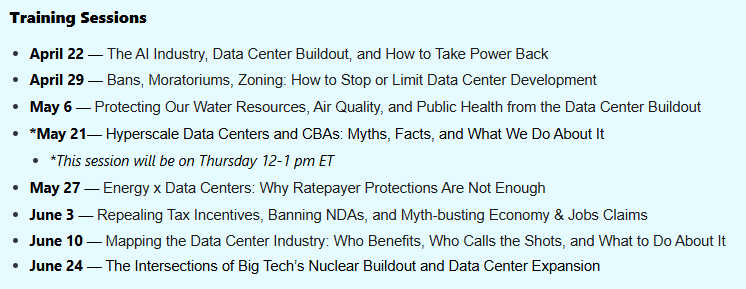 Check out this free training series by <a href="/AINowInstitute/">AI Now Institute</a> starting TOMORROW on how you can organize your community to stop, slow and restrict the rapid expansion of harmful AI data centers.💪