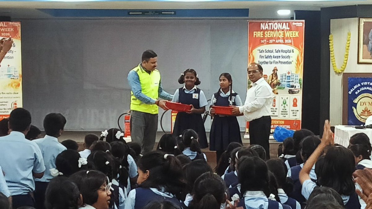 DVMRGP's tweet photo. Fire Week was observed at Dalmia Vidya Mandir, Rajgangpur, from 14th to 20th April 2026 to promote awareness about fire safety. The Fire Safety Department of the Dalmia Cement Plant conducted a demonstration, highlighting the importance of the occasion and teaching students. https://t.co/Vq66tE5OMc