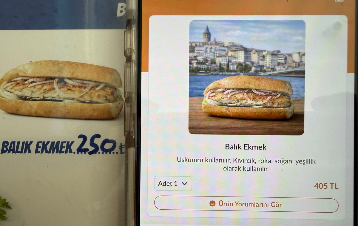 gundemio's tweet photo. Bir balık ekmeğin restoran ile sipariş uygulamasındaki fiyatı karşılaştırıldı.

Restoranda: 250 TL
Sipariş sitesinde: 405 TL https://t.co/0c3d7AaBbx