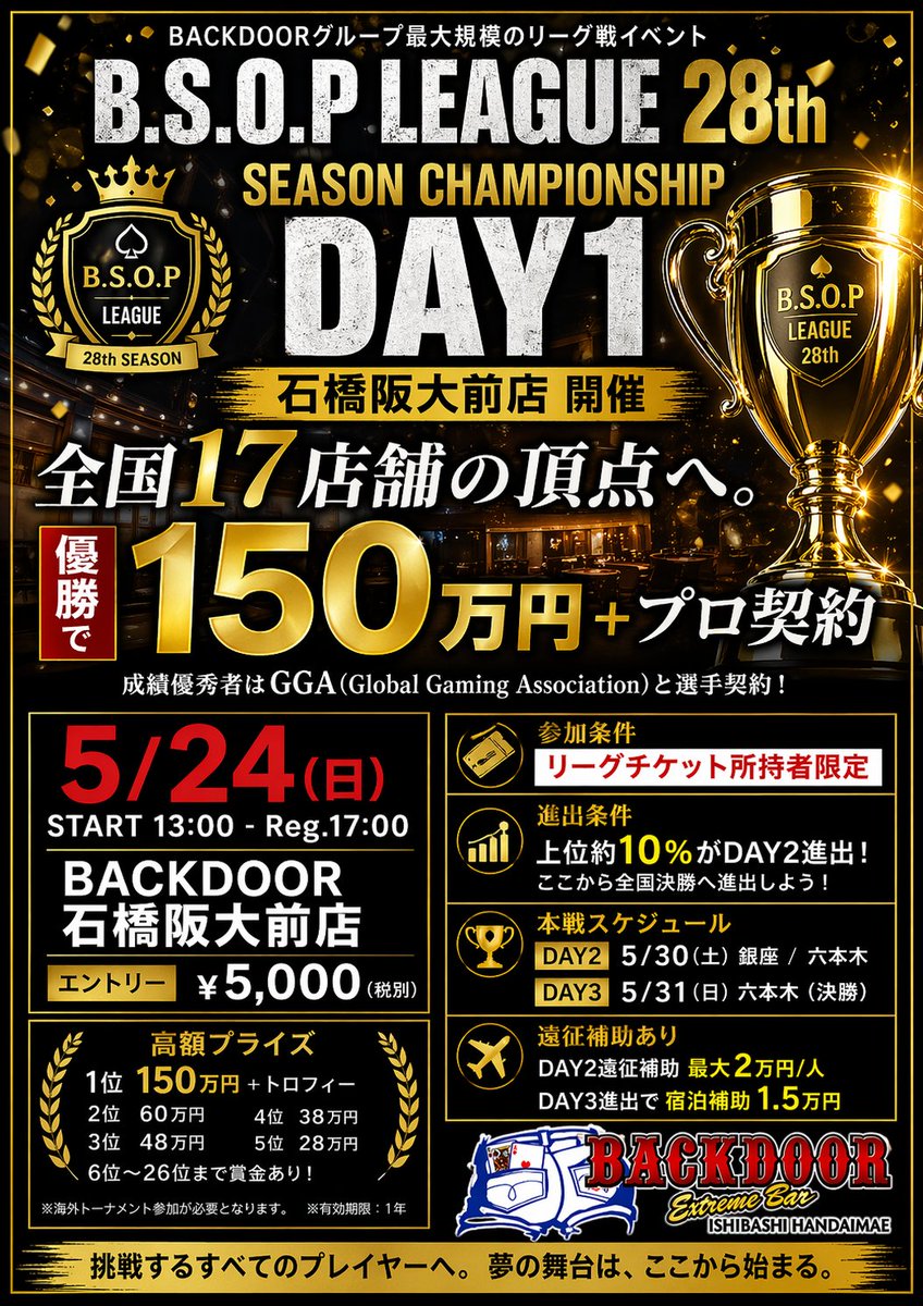 ISHIBASHI_BD's tweet image. 🔥B.S.O.P LEAGUE 28th🔥DAY1
📍BACKDOOR石橋阪大前店
🗓5/24(日)
⏰START 13:00 / Reg.17:00
――――――――――――
全国17店舗の頂点へ。
優勝で150万円＋プロ契約
ここから全国決勝へ。
――――――――――――
🎫リーグチケット所持者限定
👉上位約10％がDAY2進出
遠征補助あり✈️
#ポーカー  #BACKDOOR #BSOP