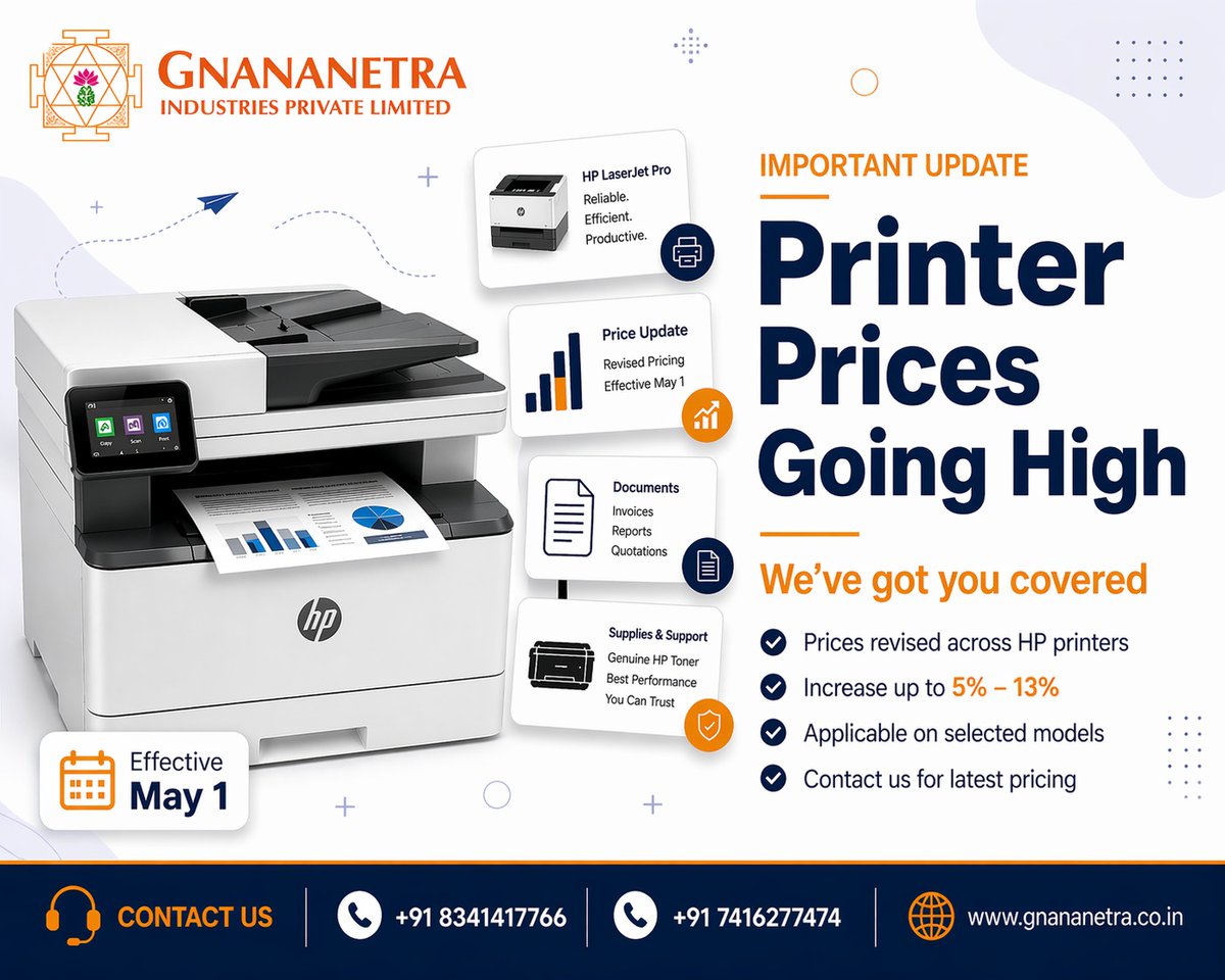 Gnananetra98433's tweet image. HP printer prices are increasing up to 13% from May 1.
Thinking to buy? Now is the right time.

Get the latest pricing &amp;amp; best deals from us.

📞 +91 8341417766 | +91 7416277474

🌐 gnananetra.co.in⁠�
#HP #Printers #PriceRise  #OfficeSetup #TechNews #gnipl