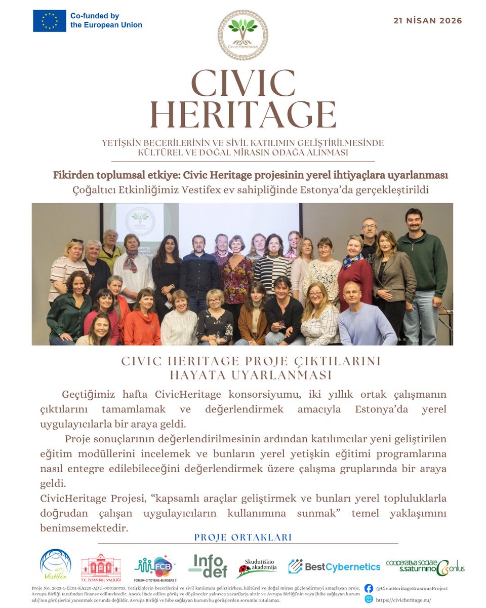 Civic Heritage proje ortakları iki yıllık çalışmayı tamamlamak üzere 16-17 Nisan 2026 tarihlerinde  Estonya’da bir araya geldi!

Projemizin E-Hub'ına ve tüm eğitim modüllerimize bu adresten ulaşabilirsiniz: civicheritage.eu

#CivicHeritage #ErasmusPlus #AdultEducation