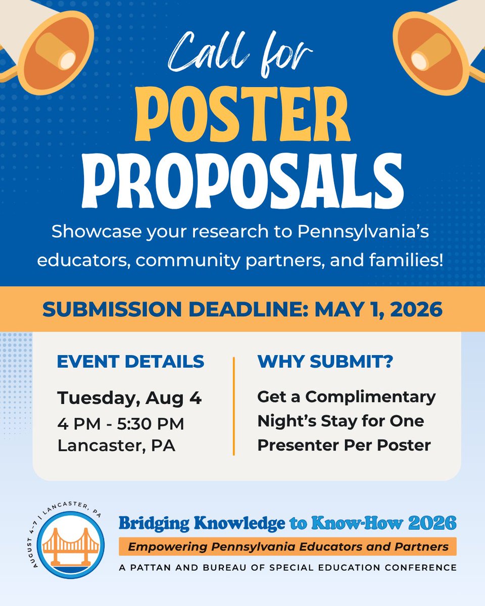 pattanupdates's tweet photo. 💡#PosterProposals are still OPEN for #BK2KH2026!

✔️ Autism
✔️ Sensory Disabilities
✔️ Secondary Transition
✔️ Students with #ComplexLearningNeeds

Get a FREE night of lodging for a presenter! 🏨 Submit by Fri. 5/1: https://t.co/x3LlNCcsTg

 #SpecialEducationInPa #CallForPosters https://t.co/9aVwgZsdOt