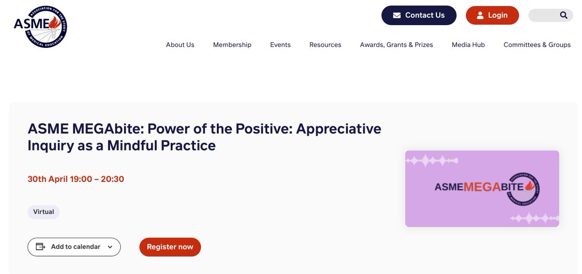 mpa4470's tweet photo. Join Dr Mary Sizemore, University of Texas, for an ASME Mindfulness in Medical Education Special Interest Group Megabite session on Thursday 30th April, 7-8.30pm (UK time).  Register here: https://t.co/KpEOI2NWhN https://t.co/tXDlBEFFC0