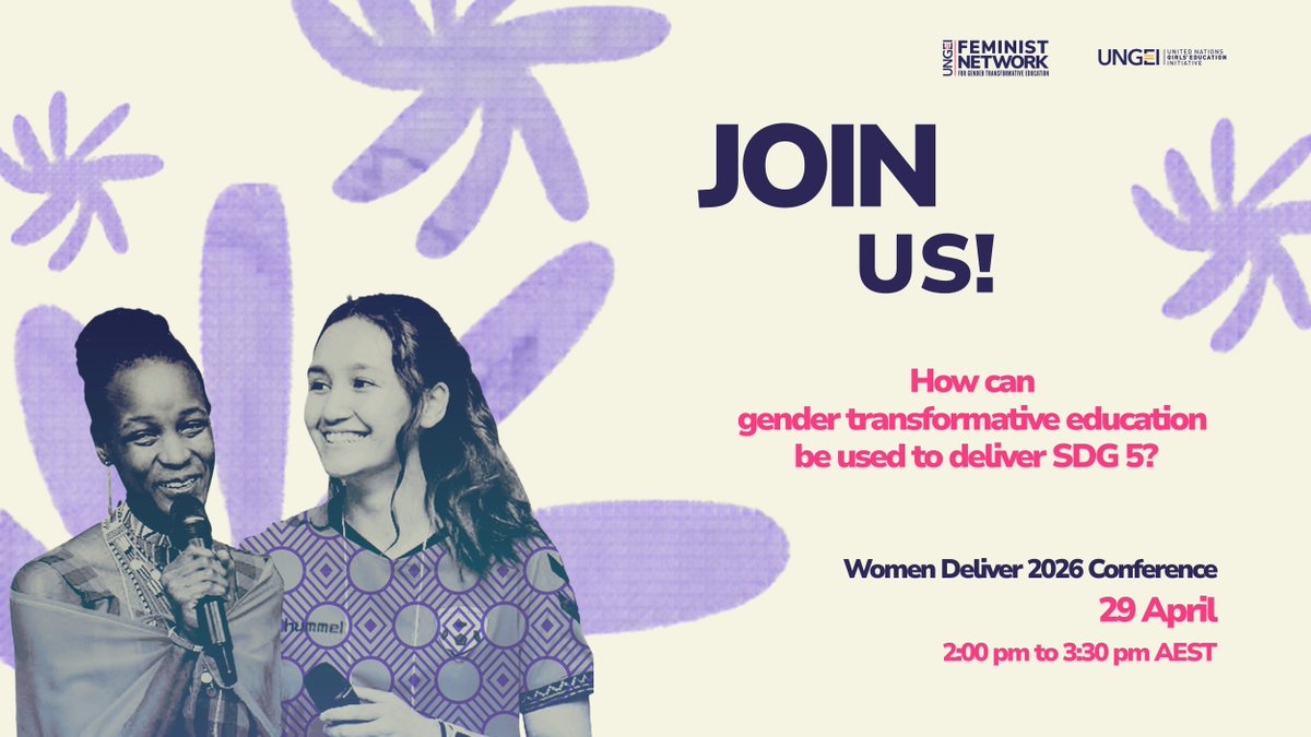 UNGEI's tweet photo. We're headed to @WomenDeliver, are you?
Join @UNGEI and #FemNet4GTE for a session on how education is contributing to achieving gender equality.
π
29 April | 2:00 β 3:30 PM AEST
Register: https://t.co/ZIcP6PfSba
#WomenDeliver #WD2026 #SDG5 https://t.co/OHgs5KLYxg