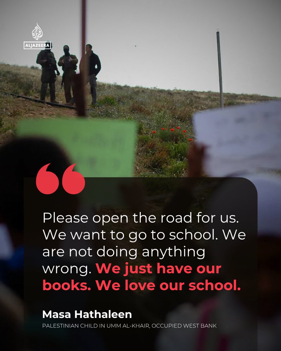 Palestinian children from Umm al-Khair in the occupied West Bank protest after Israeli settlers erect a fence blocking access to school.

Read more: aje.news/wzvpx3