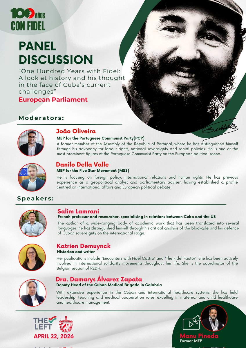 EmbaCubaBelgica's tweet photo. A Panel Discussion dedicated to debate and reflection on Fidel’s legacy and thought. 

It will be held at the #EuropeanParliament on the occasion of his centenary.

#100AñosConFidel https://t.co/AFdN9swtxR