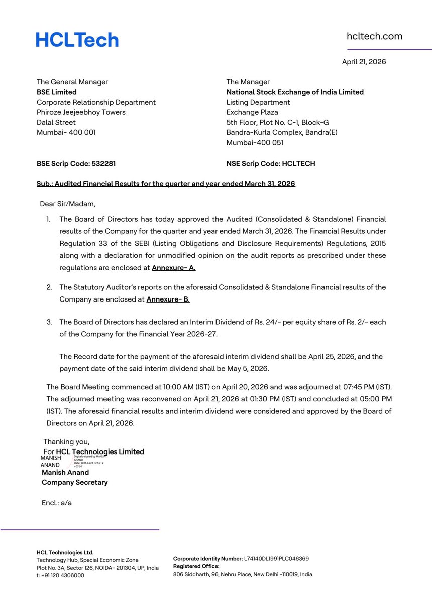 BusinessNewsPo1's tweet image. #HCLTechnologies  Ltd Declared Interim  Dividend of Rs 24.00 (1200%) per share of FV Rs 2 with Q4 &amp;amp; Annual Audited Financial Results 
Record Date for Interim Dividend -25th April 
#StockToWatch
#StockInNews 
#StockInFocus 
#StockMarket
#Nifty #NSE #BSE #Nifty50 #Sensex