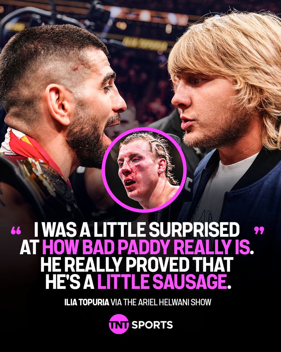 ufcontnt's tweet image. Ilia Topuria calls Paddy Pimblett a 'sausage' after his fight with Justin Gaethje at #UFC324 😬

#UFC #MMA