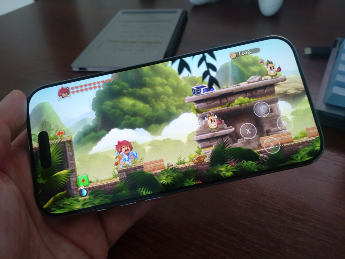 FDG_Games's tweet photo. Monster Boy is running on iPhone! Looks super nice on such an amazing screen and in widescreen format! We might release it to 3 Apple platforms at the same time... macOS, tvOS, iOS..how does it sound to you? 😁 https://t.co/HfJoysU03p