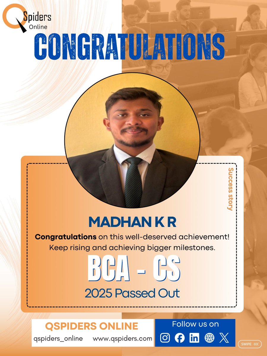 QSpiders__BTR's tweet image. Success is the result of dedication, persistence, and hard work! 📷
Congratulations to B Karthik 📷📷
Wishing you a bright future filled with great opportunities and achievements. 📷

#Congratulations #BTechCSE #Achievement #CareerSuccess #QSpiders
