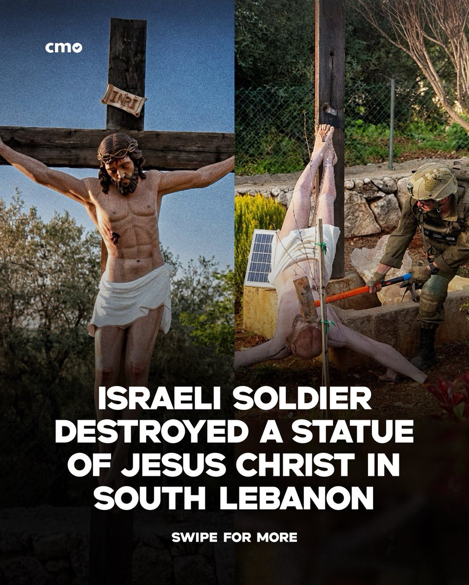 THECHRISTMEDIA's tweet photo. In southern Lebanon, images show an Israeli IDF soldier destroying a statue of Jesus Christ, raising deep concern among Christian communities.

#Lebanon #Israel #Jesus #Christianity #News https://t.co/0T7lLmPfpg