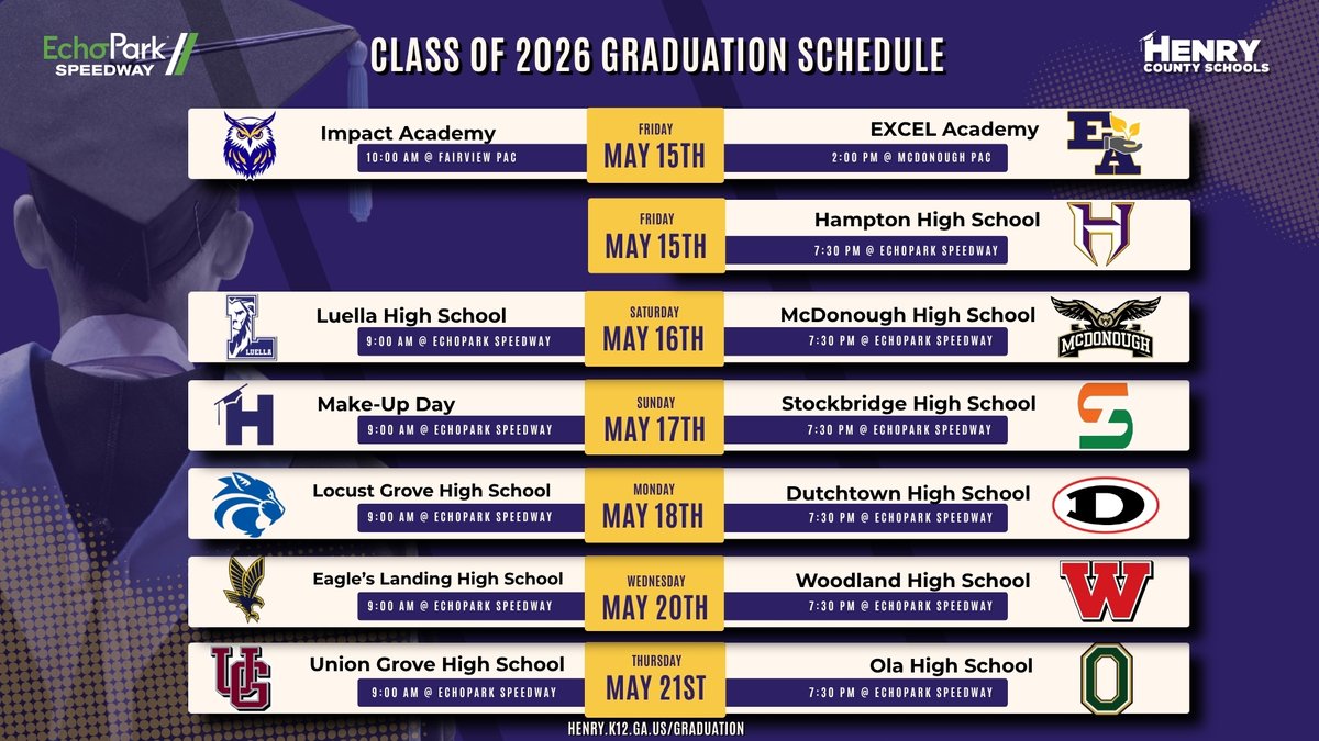 HenryCountyBOE's tweet image. We can't wait to celebrate the #Classof2026 at 12 graduation ceremonies May 15-21 at EchoPark Speedway and the HCS Performing Arts Centers! View the full schedule and important information for attendees at henry.k12.ga.us/graduation.
#BrightFuturesBegininHCS #HenryProud