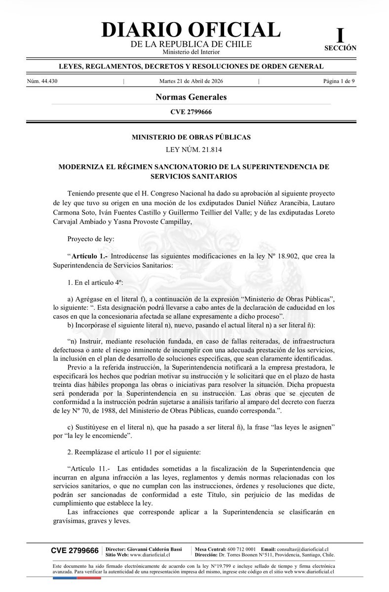 doe_cl's tweet image. Este 21 de abril el Diario Oficial publicó la ley N°21.814, la que moderniza el régimen sancionatorio de la Superintendencia de Servicios Sanitarios. 

Lee➡️doe.cl/alerta/2104202…

#DOE