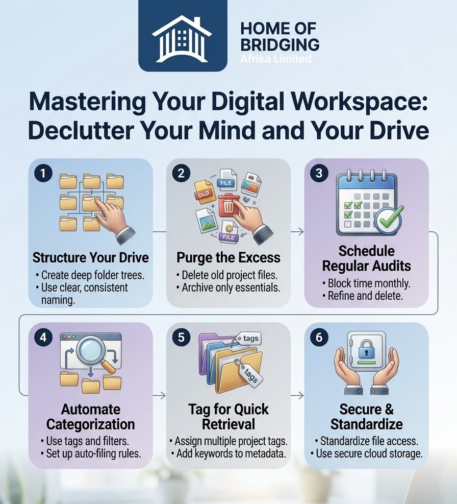 AfrikaBridge162's tweet image. 6 Steps to a Mastered Digital Workspace
1Structure Your Drive
2Purge the Excess
3Schedule Regular Audits
4Automate Categorization
5Tag for Quick Retrieval
6Secure &amp;amp; Standardize

#DigitalOrganization #ProductivityTips #WorkflowOptimization #DeclutterYourLife