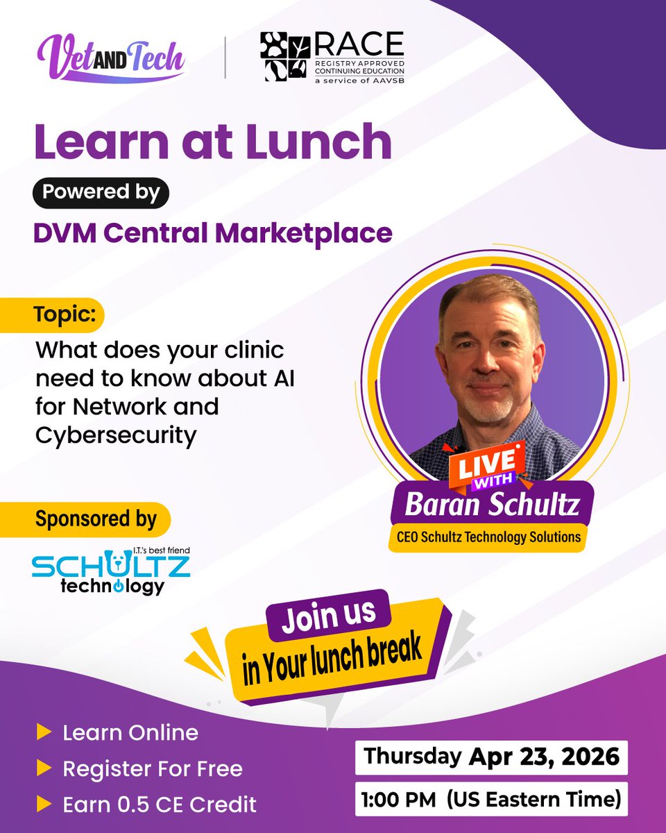 DVMCentral's tweet photo. AI is transforming how veterinary clinics protect their data. Don’t miss out.
Join Learn at Lunch 2026 with Baran Schultz to explore AI for network &amp; cybersecurity in vet practices.

📅 Apr 23, 2026 | ⏰ 1 PM ET
✨ Earn 0.5 CE Credit
👉 https://t.co/vlNQptnRDO

#VetandTech https://t.co/7bxaOhhKXh
