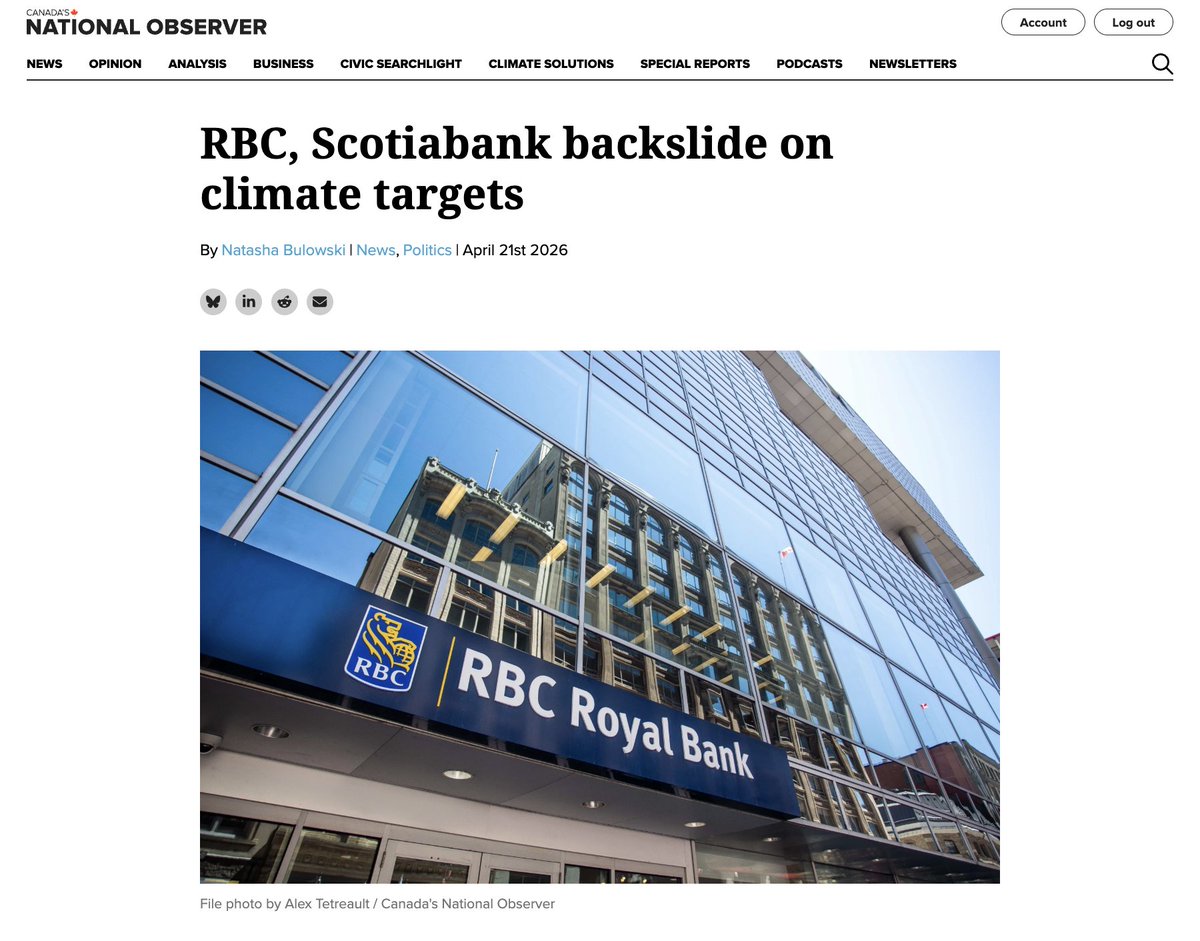 ryankatzrosene's tweet photo. You can never really trust Canada's 'Big 5' banks.

"Royal Bank of Canada and Scotiabank both announced on April 16 they are abandoning their interim climate targets. Scotiabank is going a step further by entirely ditching its net-zero by 2050 target. Both blamed changes in government policy."