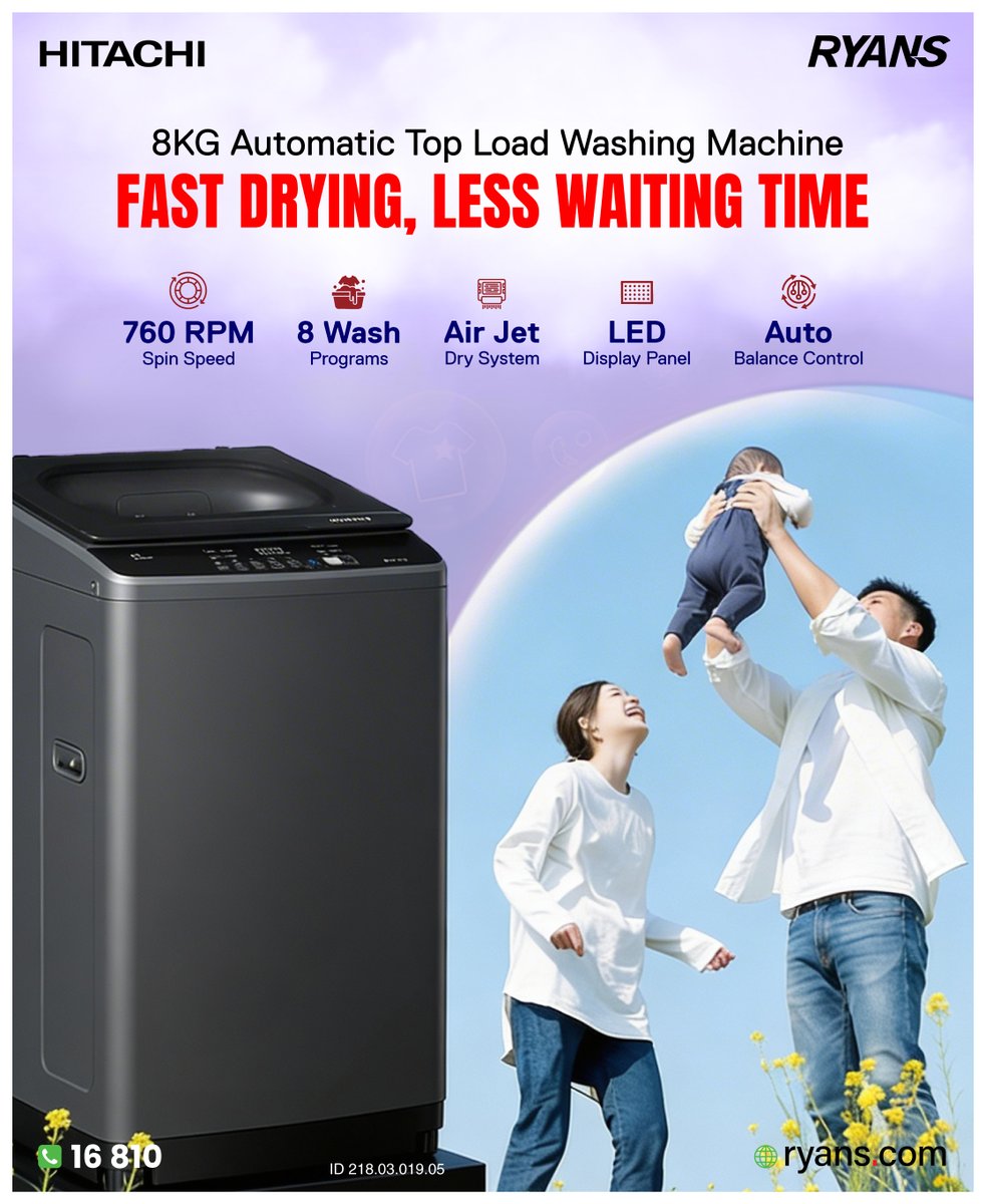 RyansComputers's tweet image. @Hitachi LTL 08M00 GG ✨
8kg top load with Air Jet Dry &amp;amp; smart sensing for easy washing.
🛒 Buy Now — ryans.com/hitachi-ltl-08…

#RyansComputers #Hitachi #WashingMachine #HomeAppliance
