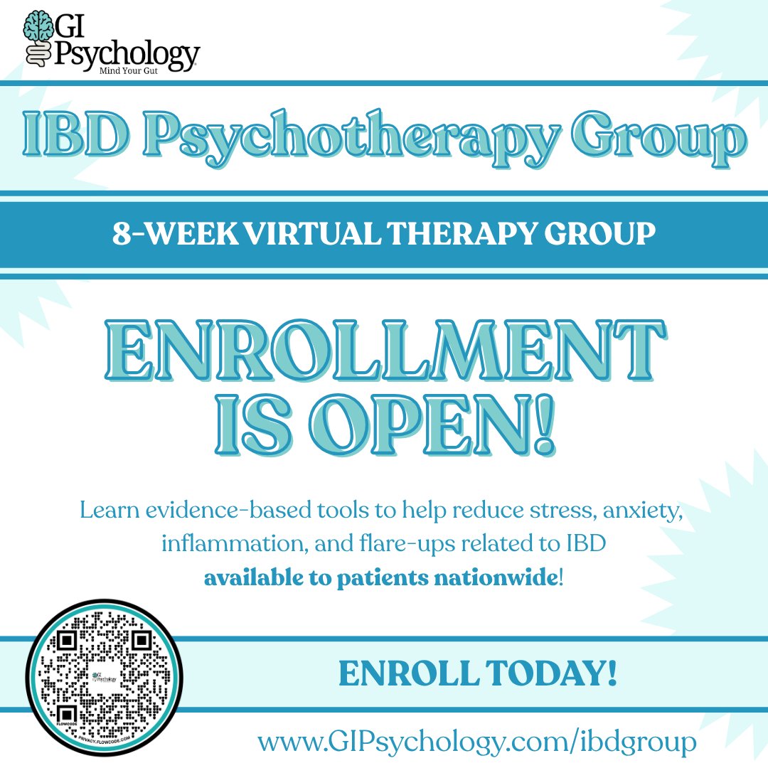 GIPsychUSA's tweet image. #IBD flares can be overwhelming. Tools like #CBT for GI &amp;amp; gut-directed #hypnotherapy can help during even the hardest days. Learn more &amp;amp; enroll in our IBD Psychotherapy Group w/ @AmCollegeGastro &amp;amp; @CrohnsColitisFn 
Blog: GIPsychology.com/blog/flare-day…
Enroll: GIPsychology.com/ibdgroup
