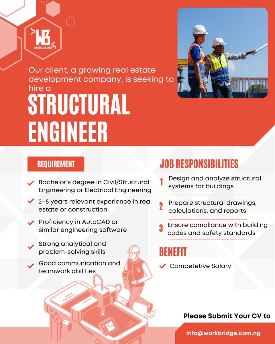 Workbridgehr's tweet photo. We’re Hiring: Structural Engineer

📩 info@workbridge.com.ng

#Hiring #StructuralEngineer #EngineeringJobs #ConstructionJobs #RealEstateCareers #AutoCAD #NigeriaJobs #AbujaJobs #CareerOpportunity #NowHiring https://t.co/3lWxHSewof