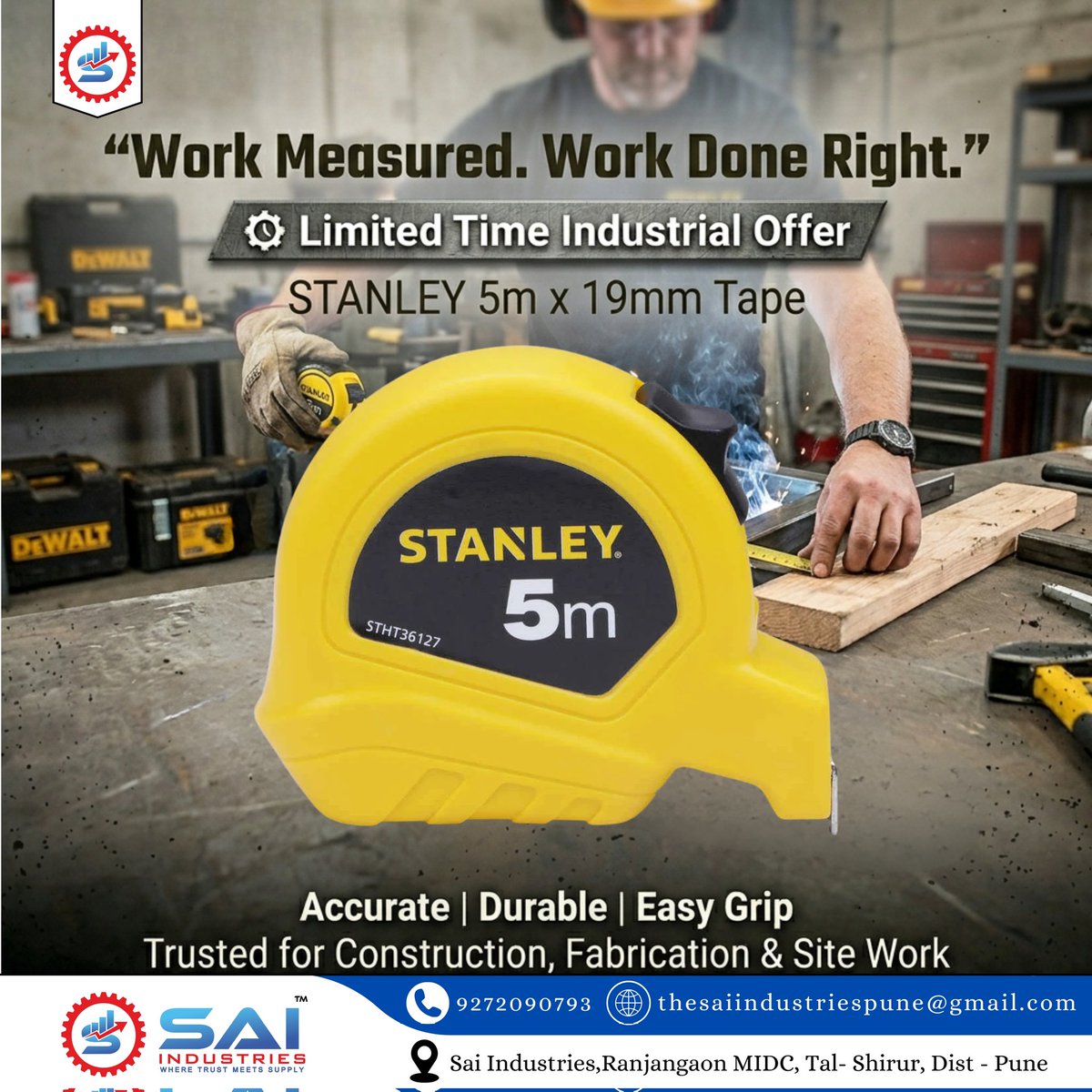 Sai__Industries's tweet image. Measure right, work right 📏 Sai Industries offers STANLEY 5m x 19mm tape built for accuracy, durability, and daily industrial use. Trusted on sites and workshops. Limited-time offer available—equip your team with reliable tools.

#SaiIndustries #IndustrialTools
