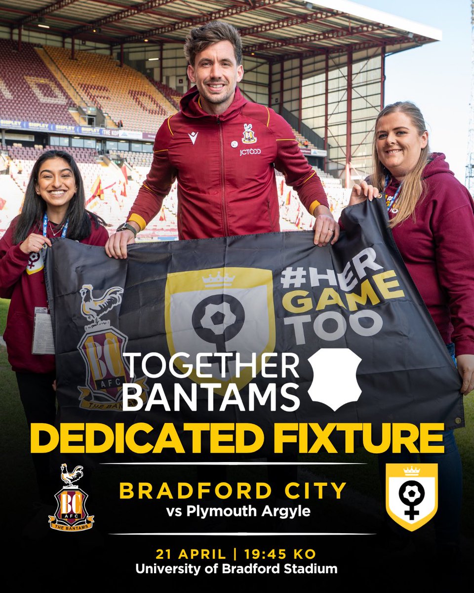 hgt_bcafc's tweet image. Tonight’s fixture between @officialbantams and @Argyle is the Together Bantams Fixture! 

Come down and show your support! We will be in the concourse of the main stand pre match and on the pitch at half time!! 

#bcafc #hergametoo